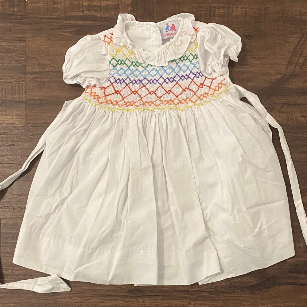 Little Louanne White Smocked Dress with Rainbow Smocking Size 3T